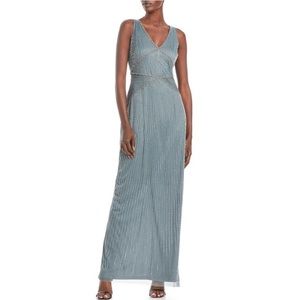 Adrianna Papell Beaded V Neck Sleeveless Formal Long Dress Gown Gray Green 4 NWT